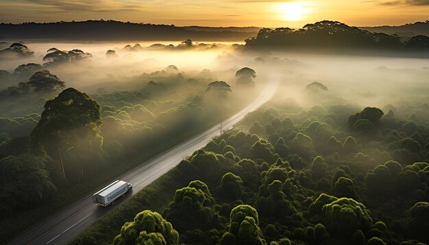 Cruzamento da fronteira caminhão amp manhã nebulosa cenário