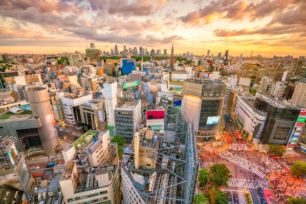 Cruzamento de shibuya visto de cima ao crepúsculo em tóquio, japão