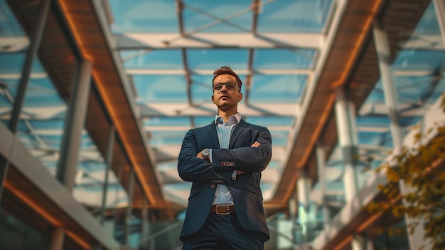 Foto cruzando as mãos num edifício corporativo um gerente pensa na sua futura carreira