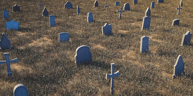 Cruzes e lápides no prado gramado do cemitério