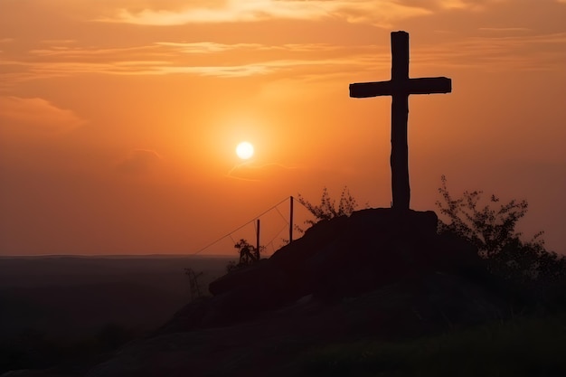 Cruzes em silhueta contra o pôr do sol nas montanhas