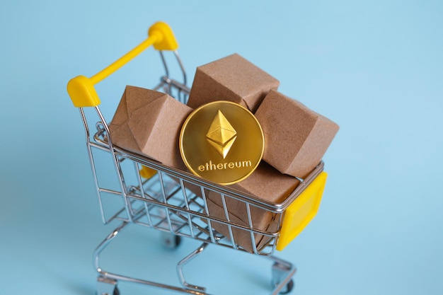 Crypto online Shopping Gold coin Ethereum shop cart con caja de compras