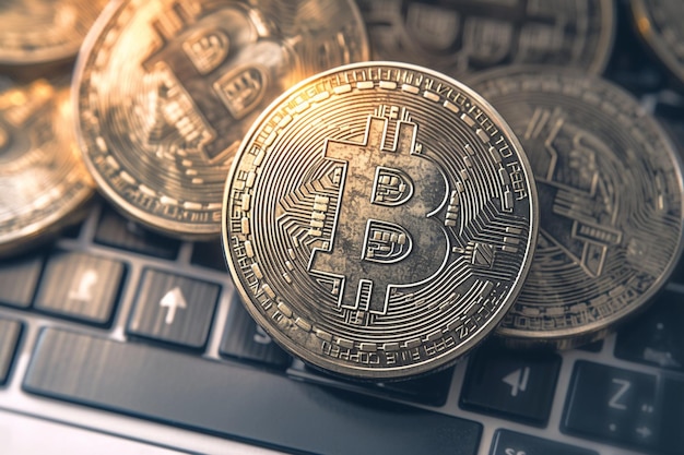 Cryptocurrency Close-up Makro-Aufnahme von Bitcoins-Münzen auf einem Laptop
