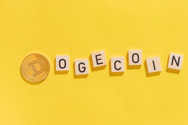 Cryptocurrency Dogecoin con letras sobre fondo amarillo con sombras duras vista superior en primer plano