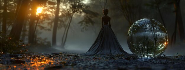 Crystal Ball Gown Mysterious Seer Standing at the Edge of a Dark Forest Evening Mist 3D Render Golden Hour Depth of Field Bokeh-Effekt Lange Aufnahme