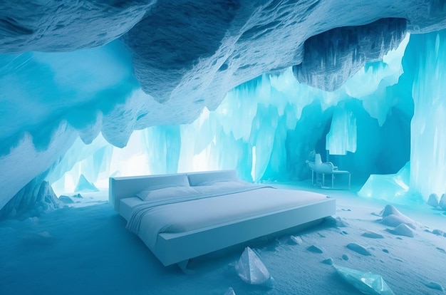 Crystal Cave Serenity Um quarto futurista em uma caverna subterrânea de cristal