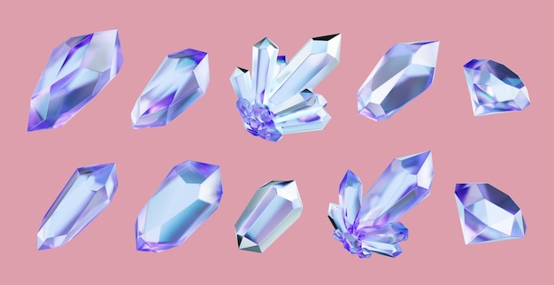 Crystal Collection Pack isolierter Hintergrund 3D-Rendering ohne KI-Generation