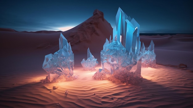 Crystal Oasis Eine surreale Eislandschaft mit leuchtenden Kristallen an einem Sandstrand, inspiriert von Winkelmann und Hodas