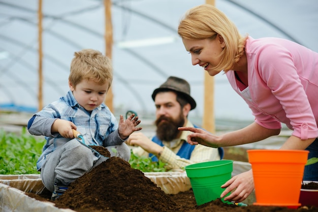 Csr mit Menschen. csr-Konzept. Familie im Gewächshaus macht csr-Aktivität. Menschen, die zusammen pflanzen. csr-Aktivität mit Menschen.