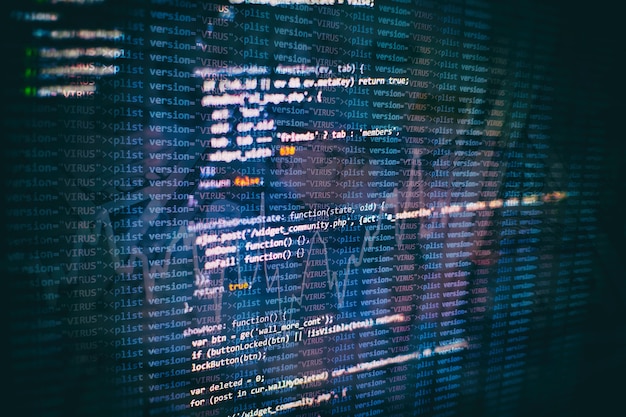 CSS-, JavaScript- und HTML-Nutzung. Überwachen Sie die Nahaufnahme des Funktionsquellcodes. Abstrakter IT-Technologiehintergrund. Quellcode der Software.