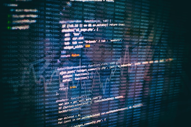 Foto css-, javascript- und html-nutzung. überwachen sie die nahaufnahme des funktionsquellcodes. abstrakter it-technologiehintergrund. quellcode der software.