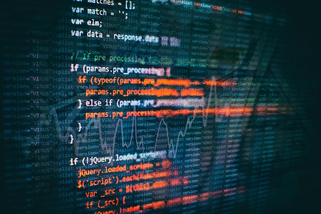 Foto css-, javascript- und html-nutzung. überwachen sie die nahaufnahme des funktionsquellcodes. abstrakter it-technologiehintergrund. quellcode der software.