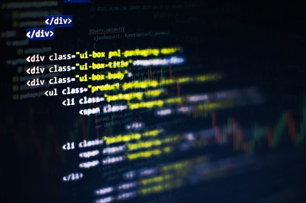 CSS-, JavaScript- und HTML-Nutzung. Überwachen Sie die Nahaufnahme des Funktionsquellcodes. Abstrakter IT-Technologiehintergrund. Quellcode der Software.