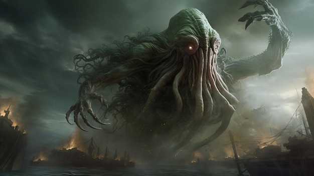 Cthulhu em Full Effect Ipad Wallpapers 32k Uhd Cenas marítimas com fundo infernal e realismo sobrenatural