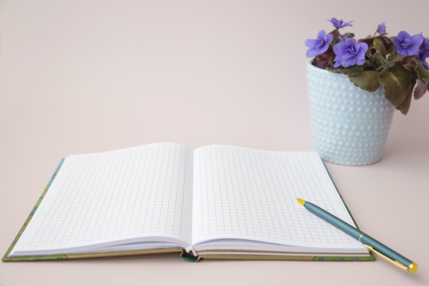 Un cuaderno abierto en una jaula con un bolígrafo para escribir junto a una violeta sobre un fondo rosa, un lugar para la plantilla de texto