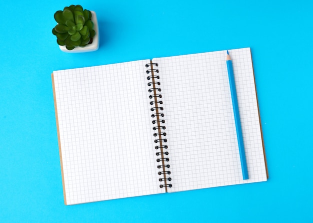 Cuaderno abierto en una jaula con una hoja en blanco blanca y un lápiz de madera azul