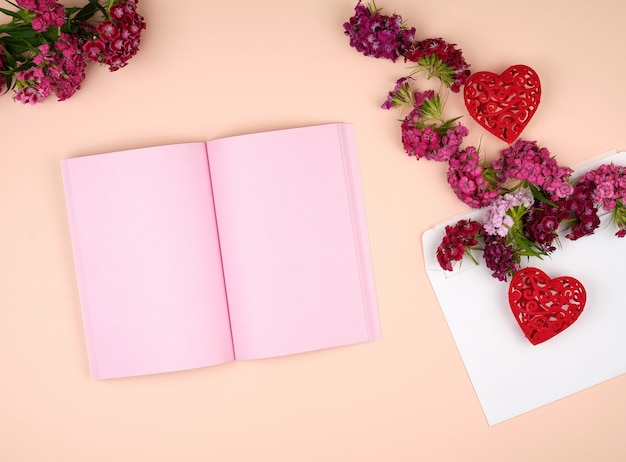 Cuaderno abierto con páginas en blanco rosa.