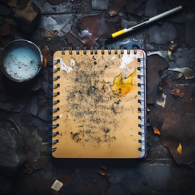 un cuaderno amarillo con un bolígrafo en él y un lápiz en la parte superior de él