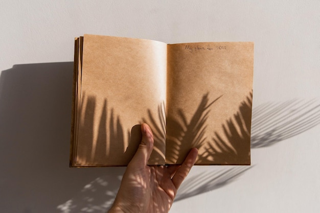Cuaderno artesanal en la mano de un hombre con la inscripción mis planes para 2022 hermosas sombras de palmeras
