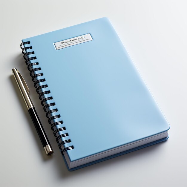 un cuaderno azul con un bolígrafo plateado encima.