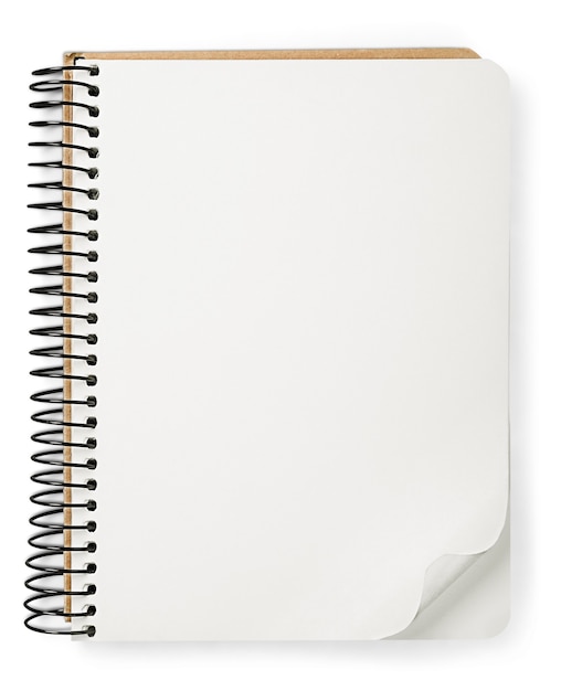 Cuaderno en blanco abierto sobre un fondo blanco.