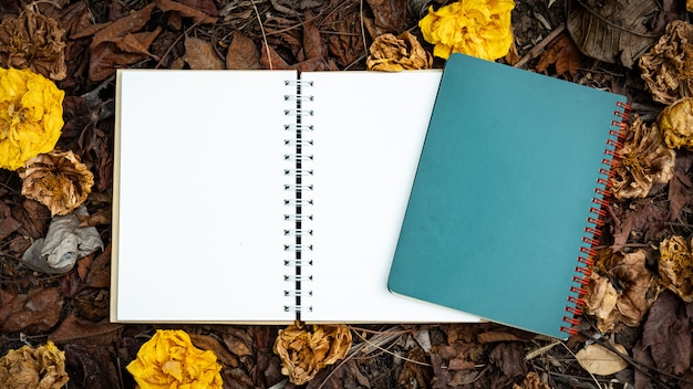 Un cuaderno en blanco colocado sobre una hoja amarilla, roja, naranja y flores secas de otoño