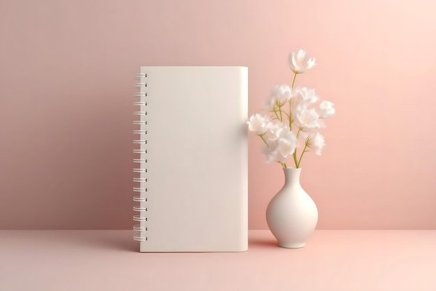 Un cuaderno blanco con una flor en él junto a un jarrón con flores.