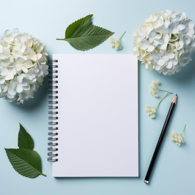 Cuaderno en blanco con flores de hortensia blancas sobre un fondo azul Diseño de maqueta IA generativa