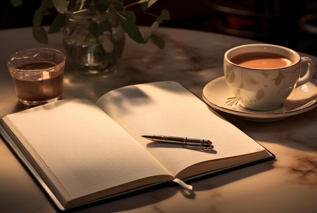 un cuaderno en blanco junto a una taza de café y un lápiz al estilo de fondos minimalistas