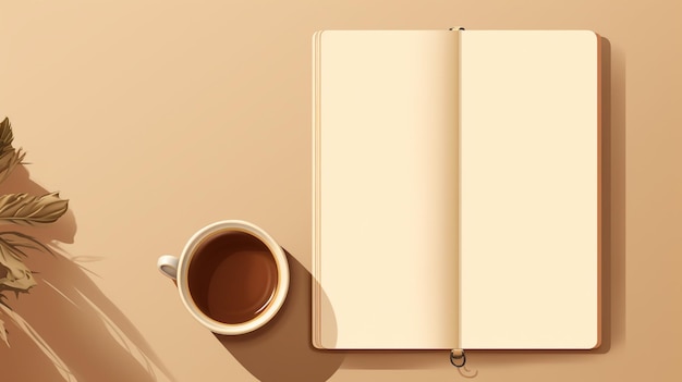 un cuaderno en blanco junto a una taza de café y un lápiz al estilo de fondos minimalistas