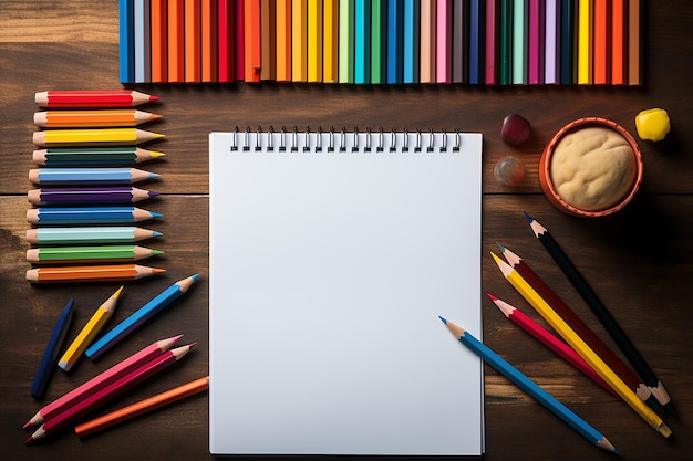 Cuaderno en blanco con lápices de color en una mesa de madera Concepto de regreso a la escuela Pintura a acuarela