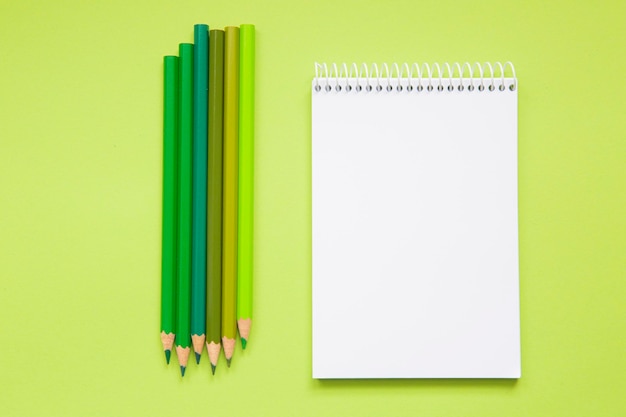 Cuaderno en blanco con lápices de diferentes tonos de verde sobre fondo verde claro