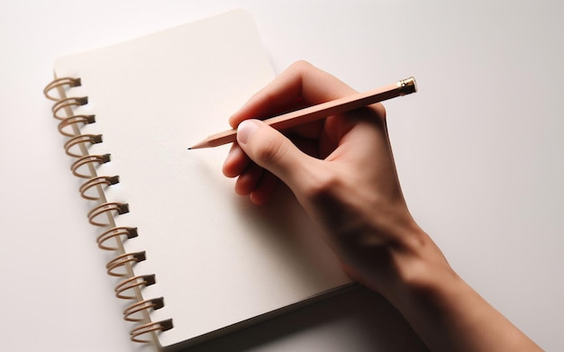 cuaderno en blanco La mano que sostiene el lápiz está a punto de comenzar a escribir en un cuaderno tomando notas