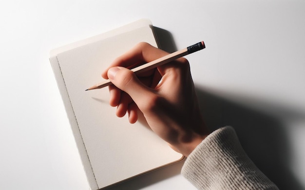 cuaderno en blanco La mano que sostiene el lápiz está a punto de comenzar a escribir en un cuaderno tomando notas