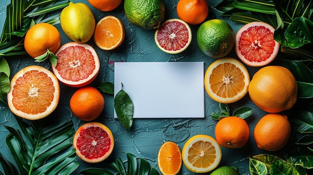 Foto un cuaderno en blanco rodeado de papel tapiz de frutas frescas