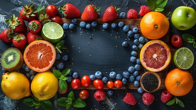 Foto un cuaderno en blanco rodeado de papel tapiz de frutas frescas