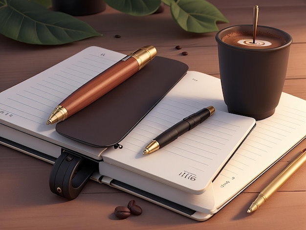 Cuaderno con bolígrafo de café sobre la mesa Concepción de escritorio de vista superior con tareas diurnas