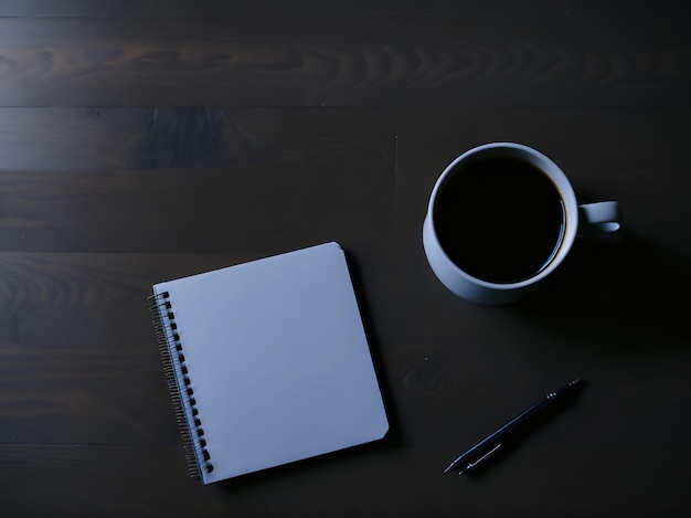 Un cuaderno y un bolígrafo se sientan en una mesa junto a una taza de café.