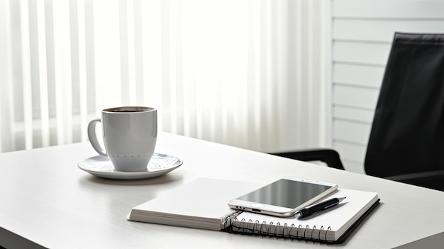 Un cuaderno, un bolígrafo y una taza de café descansan sobre un escritorio.