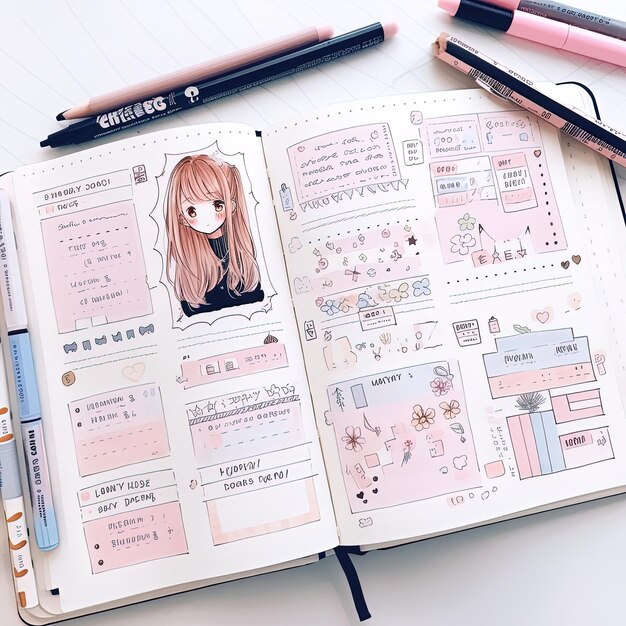 Foto un cuaderno con una chica y un dibujo de una chica en la página