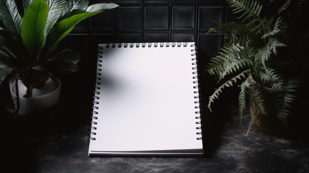 Un cuaderno con una cubierta blanca se sienta sobre una mesa de mármol negro junto a una planta.