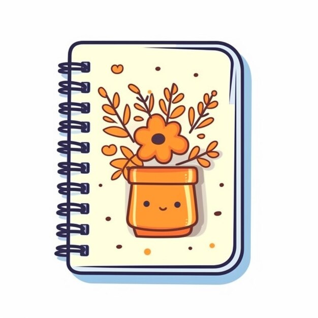 Foto un cuaderno de dibujos animados con una olla de flores y una cara sonriente generativa ai