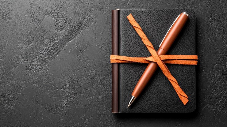 Un cuaderno elegante envuelto con una cinta naranja y una pluma en una superficie de textura oscura