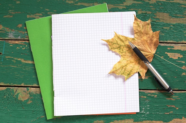 Foto cuaderno escolar, bolígrafo y hojas de otoño en la vieja mesa de madera verde, vista superior. espacio para texto