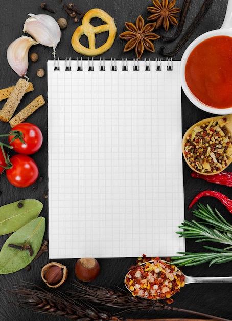 Foto cuaderno para escribir recetas y especias sobre fondo negro.