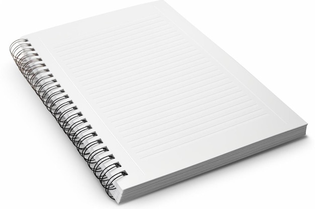 un cuaderno de espiral con una página en blanco sobre un fondo blanco