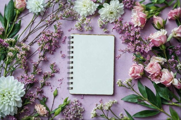 Un cuaderno en espiral rodeado en el estilo de las flores sobre un fondo rosado