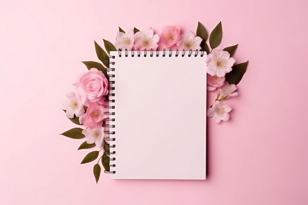 Un cuaderno en espiral con una tapa rosa se asienta sobre un fondo rosa con flores.