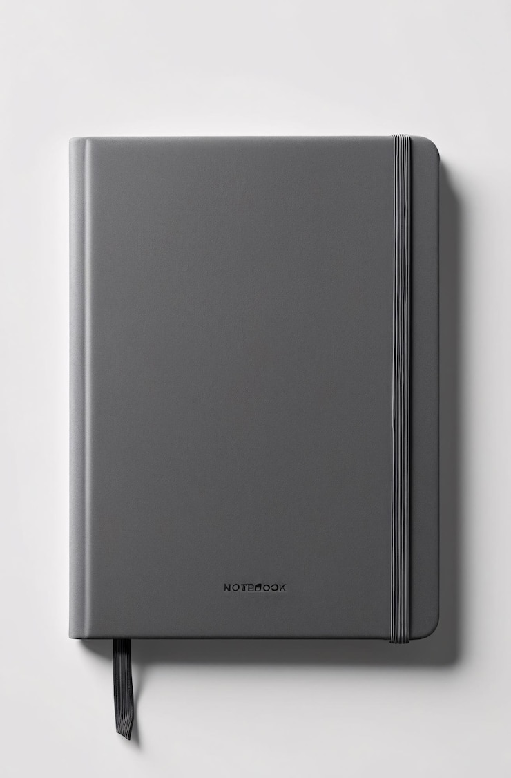 Foto un cuaderno gris en un escritorio blanco