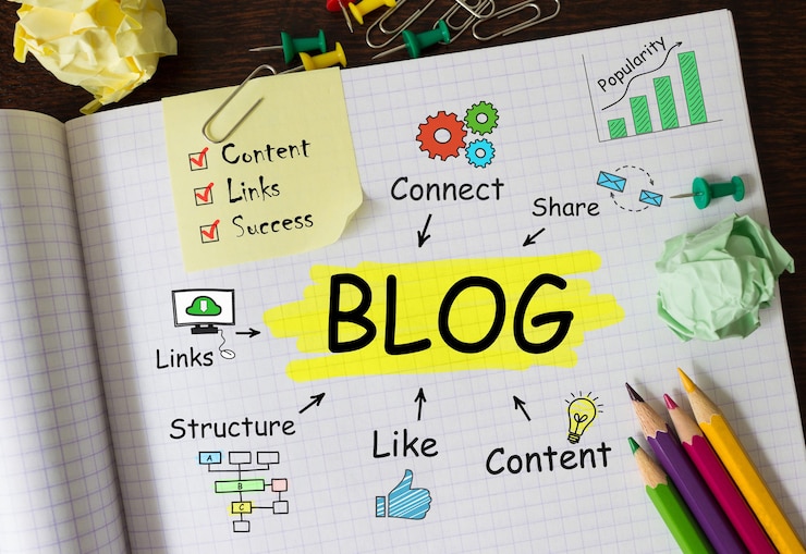 Foto cuaderno con herramientas y notas sobre blog, concepto